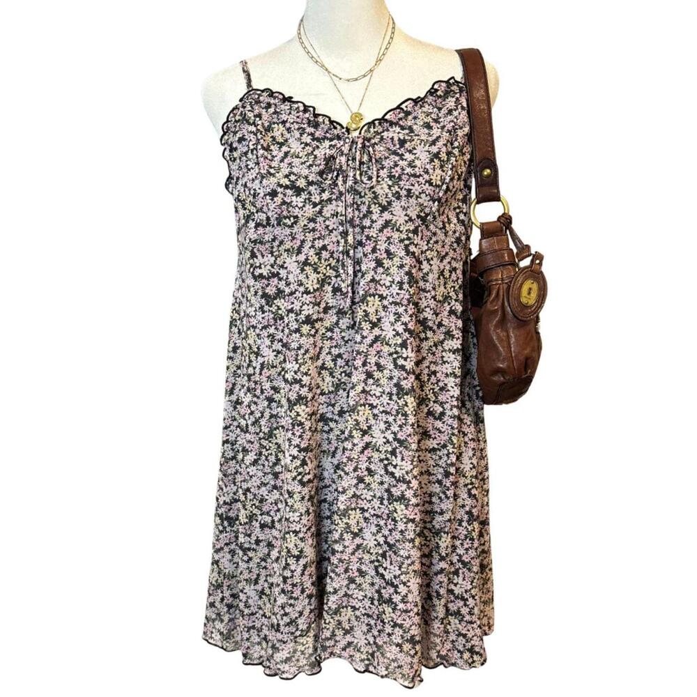 American Eagle Floral Babydoll Slip Mini Dress Black Daisy Spaghetti Strap S Y2K